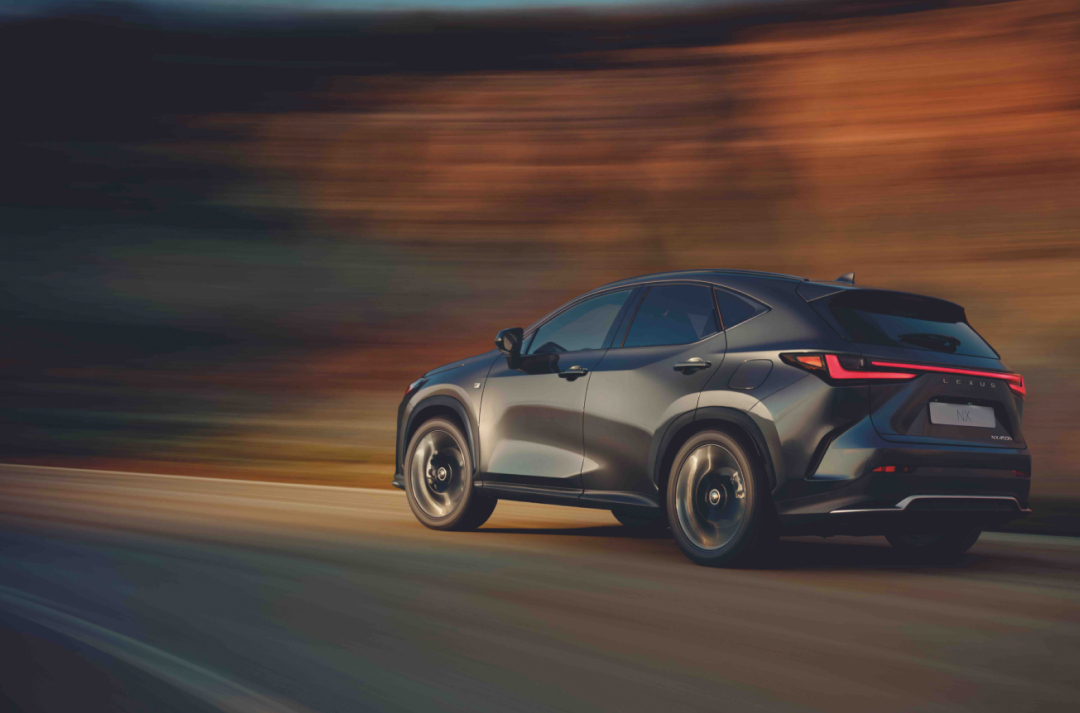 Side view of an NX driving along a road. The background is a blurred red and orange.