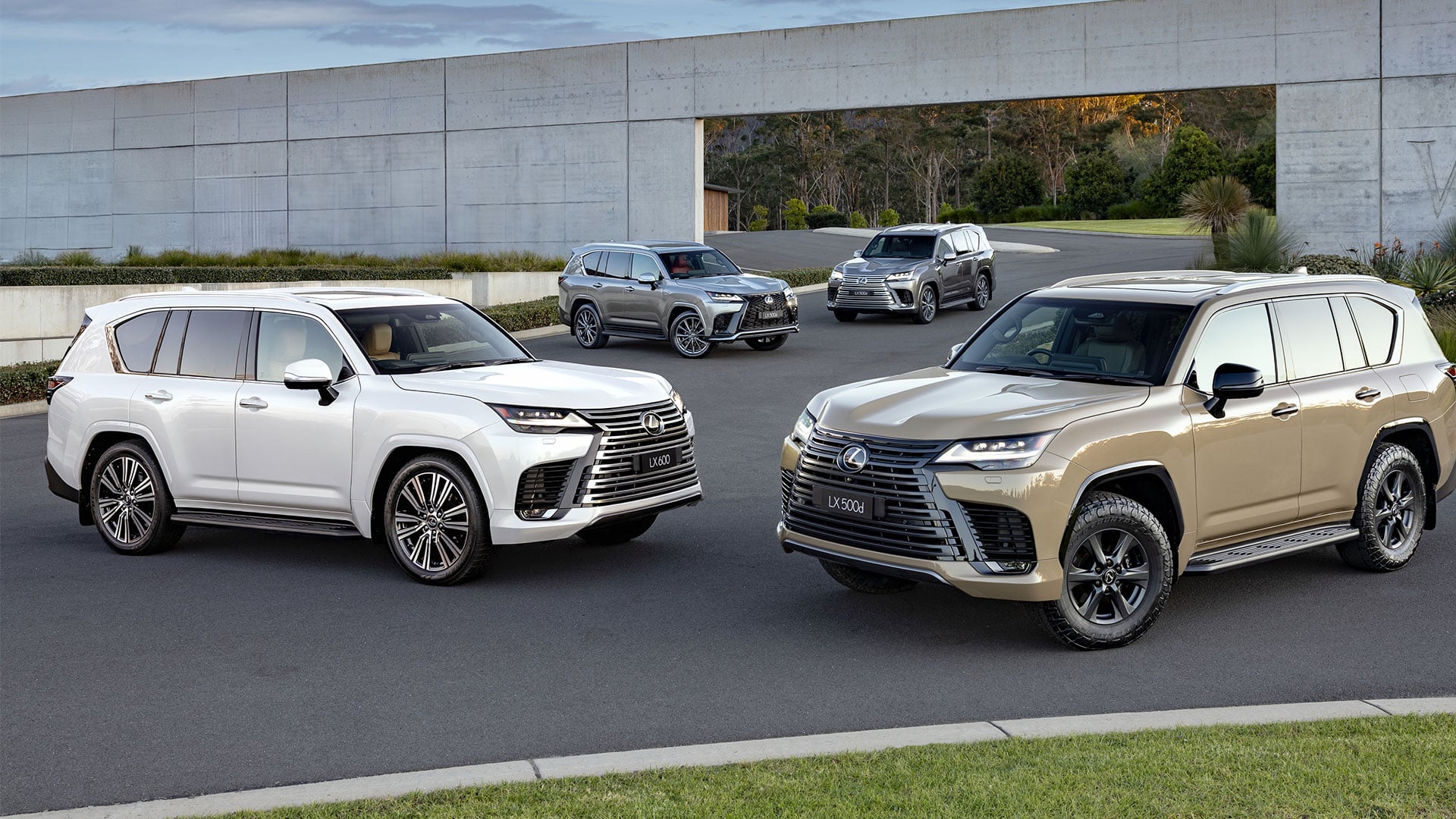 Lexus LX SUV range, LX 500d and LX 600 models, including Overtrail grade, white, earth, silver and black, parked.